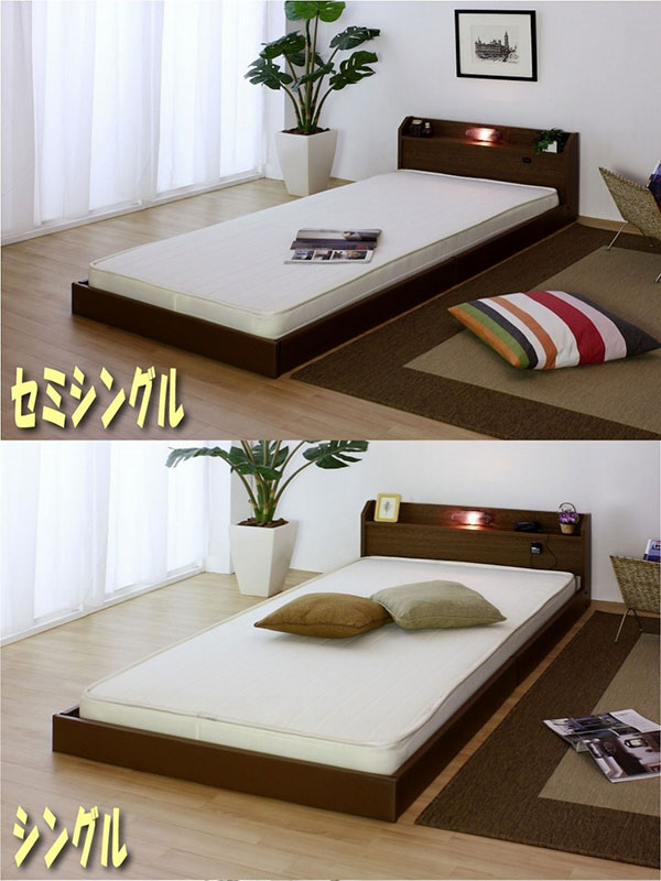 【日本製 棚付き 照明付き フロアベッド+低反発 ポケットコイル マットレス シングル】 連結 コンセント付き 宮付き シンプル(代引不可) 