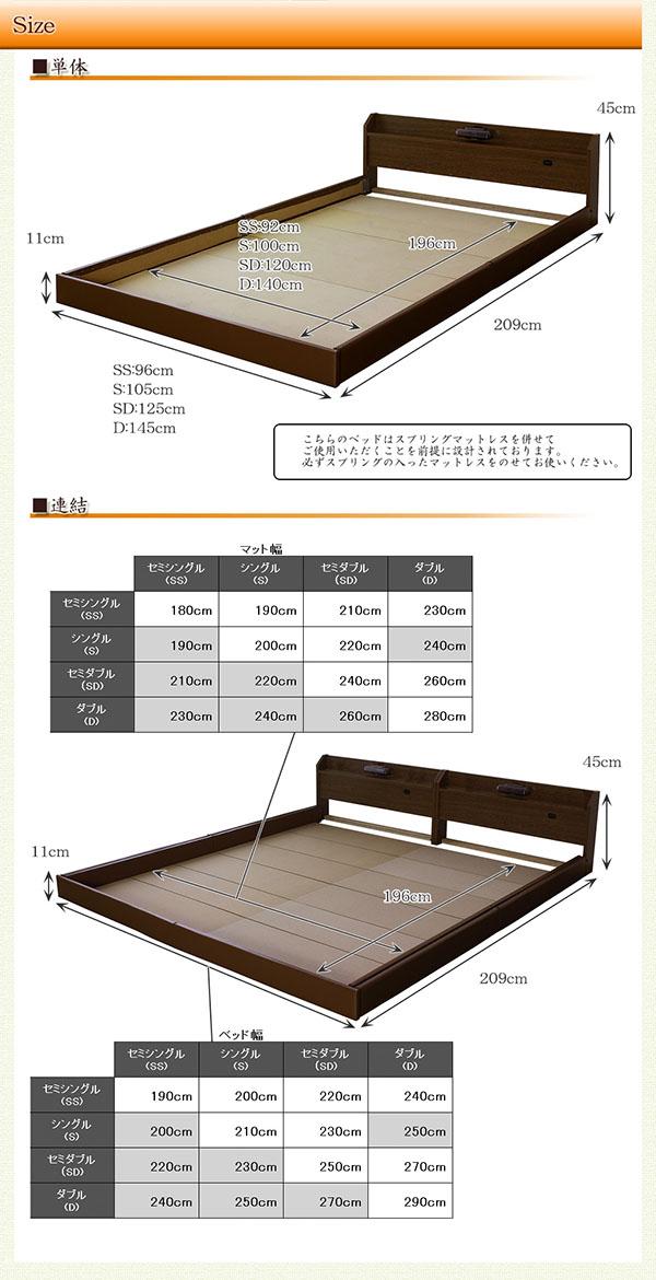 【日本製 棚付き 照明付き フロアベッド+日本製 SGマーク付き ラテックス入り ポケットコイル マットレス セミシングル】 連結(代引不可)