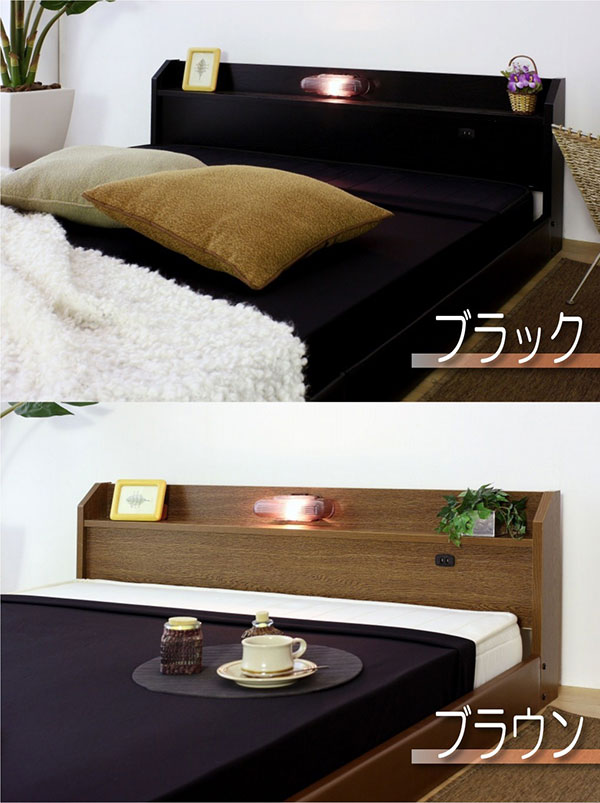 【日本製 棚付き 照明付き フロアベッド+日本製 SGマーク付き ラテックス入り ポケットコイル マットレス セミシングル】 連結(代引不可)
