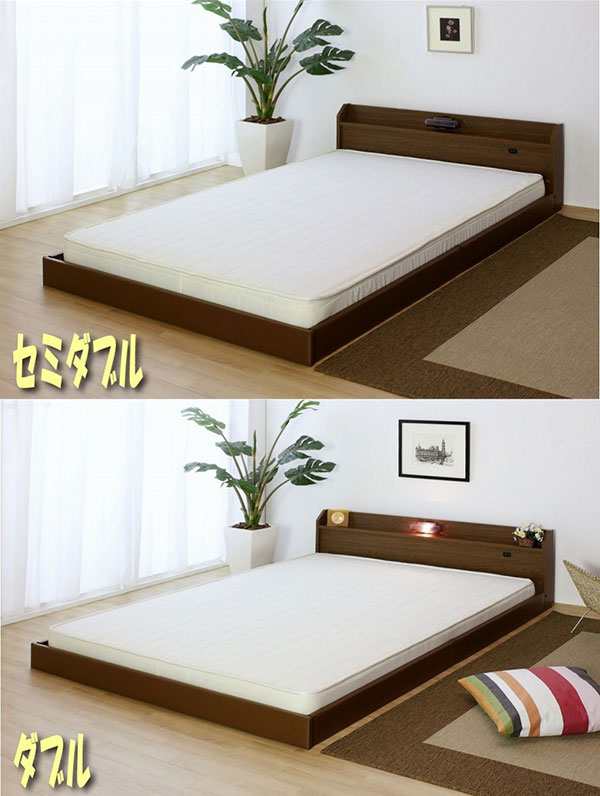 【日本製 棚付き 照明付き フロアベッド+圧縮 ポケットコイル マットレス ワイド 幅190cm】 連結 コンセント付き(代引不可)【送料無料】の通販は