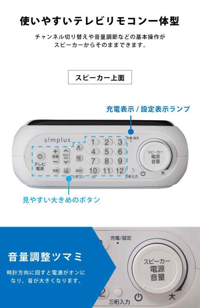 プレゼント ギフト】お手元スピーカー スピーカー テレビ用 ワイヤレススピーカー 充電式 リモコン一体型 シンプル 補聴 耳元 テレビスの通販はau  PAY マーケット - リコメン堂