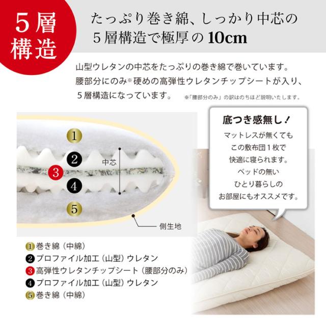 日本製 五層 敷き布団 防臭 帝人マイティトップ使用 防菌 ダブル 厚さ10cm 極厚 ウレタン ふとん 敷布団 体圧分散 防ダニ 底付き防止 国産 底付き防止 国産(代引不可)【送料無料】_3