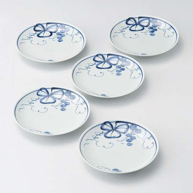 波佐見焼 古染青磁ぶどう絵 和皿5枚揃 009-474M(代引不可)【送料無料】