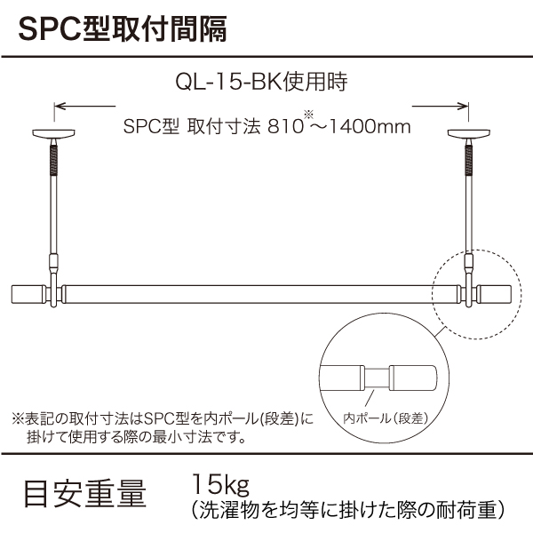 川口技研 ホスクリーン 室内用物干竿セット ブラック QSC-15-BK ポール 取り外し 長さ調整 荷重目安ガイド【送料無料】_1