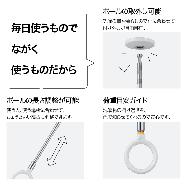 川口技研 ホスクリーン 室内用物干竿セット ブラック QSC-15-BK ポール 取り外し 長さ調整 荷重目安ガイド【送料無料】_4