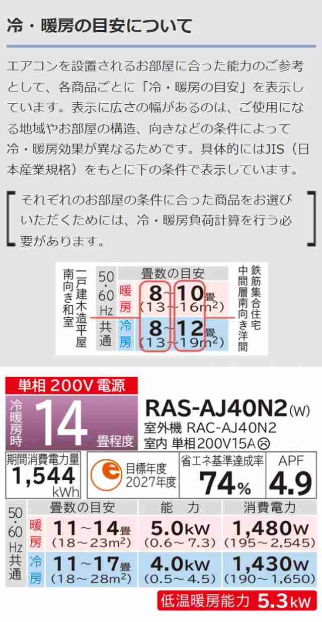 日立 ルームエアコン AJシリーズ 白くまくん RAS-AJ40N2 RAC-AJ40N2 14 ...
