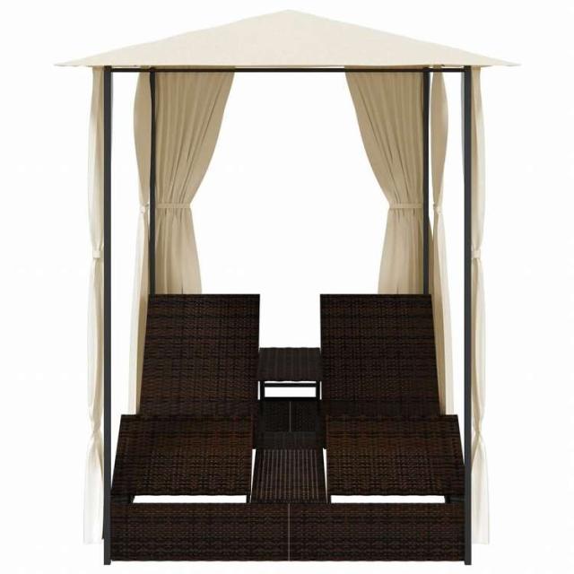 vidaXL ダブルサンラウンジャー カーテン付き ポリラタン製 ブラウン家具 アウトドア家具 屋外ベッド(代引不可)【送料無料】