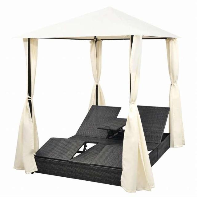 vidaXL ダブルサンラウンジャー カーテン付き ポリラタン製 ブラック家具 アウトドア家具 屋外ベッド(代引不可)【送料無料】_4