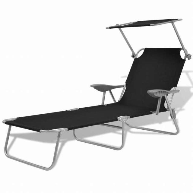 vidaXL サンラウンジャー キャノピー付き スチール製 ブラック家具 アウトドア家具 屋外椅子 サンラウンジャー(代引不可)【送料無料】