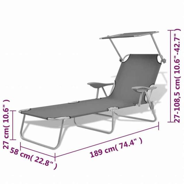 vidaXL サンラウンジャー キャノピー付き スチール製 グレー家具 アウトドア家具 屋外椅子 サンラウンジャー(代引不可)【送料無料】_7