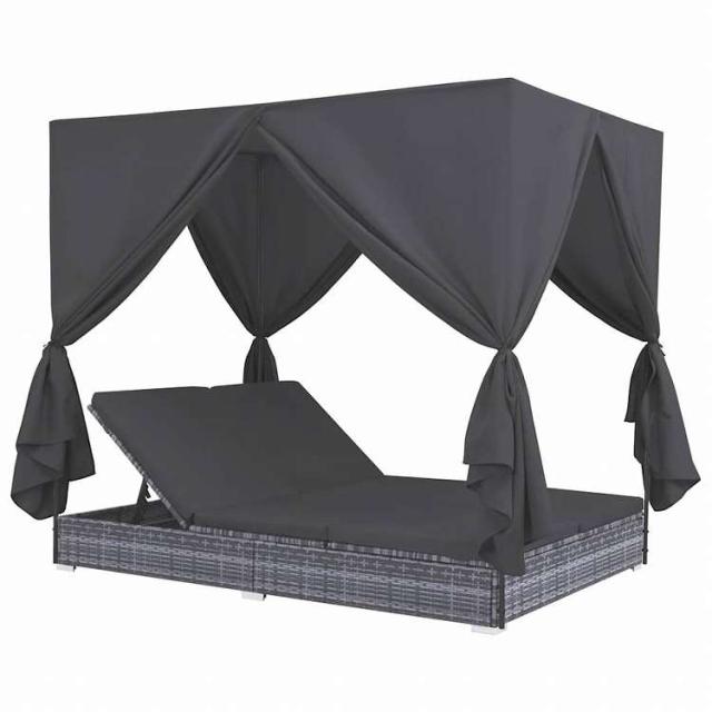 vidaXL 屋外ラウンジベッド カーテン付き ポリラタン製 グレー家具 アウトドア家具 屋外ベッド(代引不可)【送料無料】_1