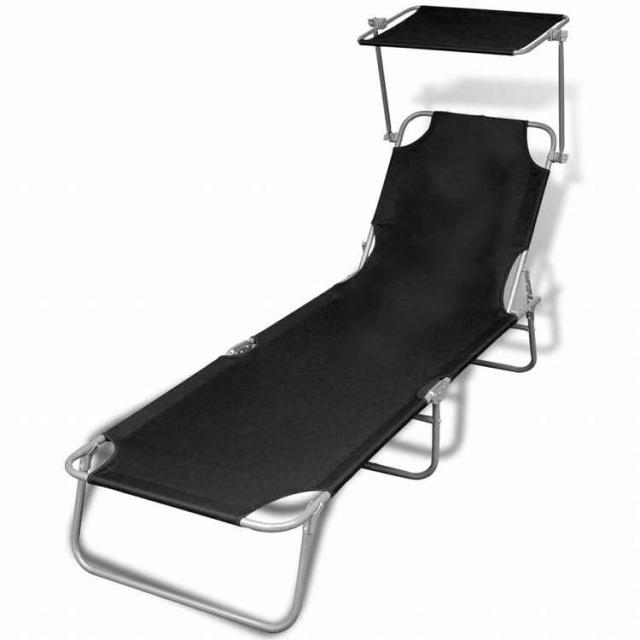vidaXL 折りたたみサンラウンジャー キャノピー付き スチール&布製 ブラック家具 アウトドア家具 屋外椅子 サンラウンジャー(代引不可)【送料無料】