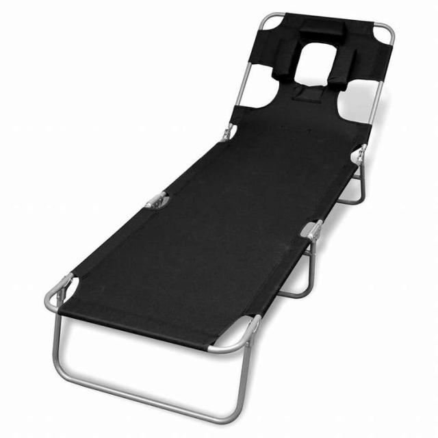vidaXL 折りたたみ式サンラウンジャー ヘッドクッション付き 粉体塗装スチール製 ブラック家具 アウトドア家具 屋外椅子 サンラウンジャー(代引不可)【送料無料】