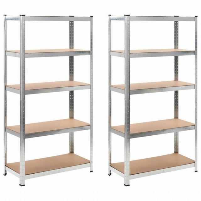 vidaXL 頑丈な5段シェルフ 2点 シルバースチール&エンジニアリングウッドビジネス&工業用 工業用収納 業務用収納棚(代引不可)【送料無料】