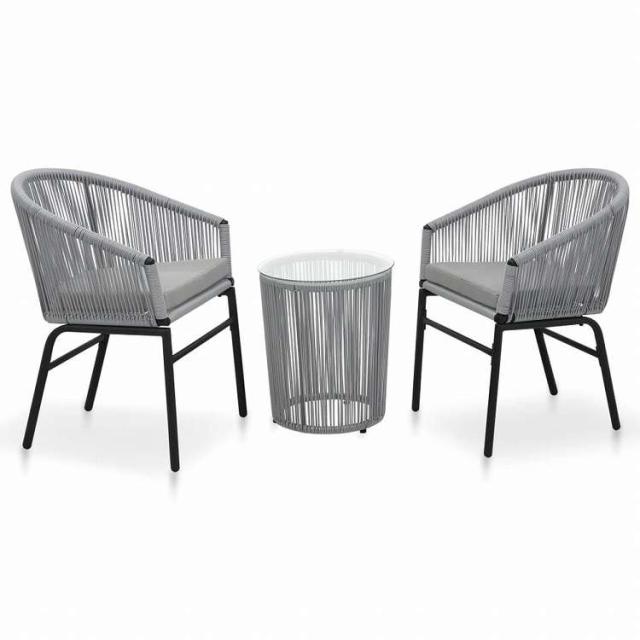 vidaXL ビストロ3点セット クッション付き PVCラタン製 グレー家具 アウトドア家具 屋外家具セット(代引不可)【送料無料】