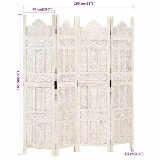 vidaXL 手彫り間仕切り 4枚パネル ホワイト 160x165cm マンゴー無垢材家具 間仕切り(代引不可)【送料無料】_6
