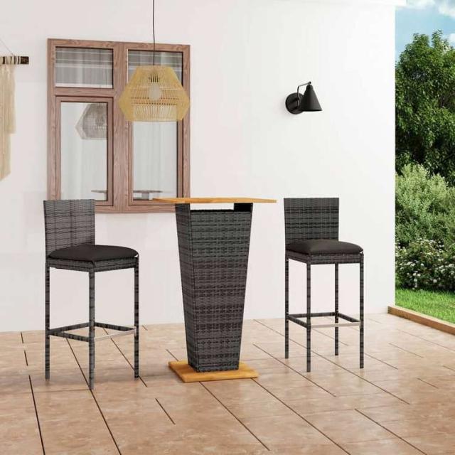 vidaXL ガーデンバーセット 3点 クッション付き ポリラタン製 グレー家具 アウトドア家具 屋外家具セット(代引不可)【送料無料】