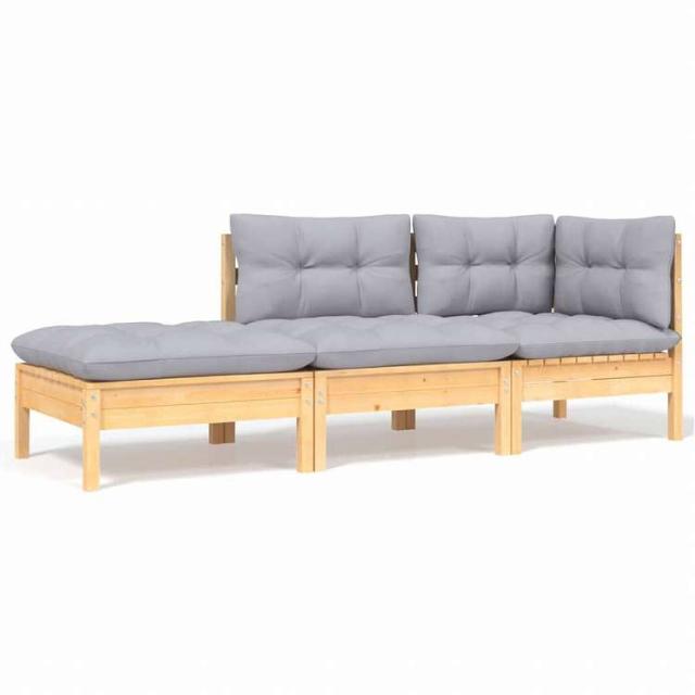 vidaXL ガーデンラウンジセット 3点 グレークッション付き 無垢のパイン材家具 アウトドア家具 屋外椅子 屋外用組み合わせソファセット(代引不可)【送料無料】