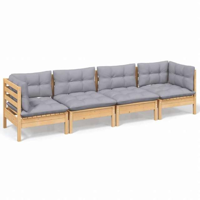 vidaXL ガーデンラウンジセット 4点 グレークッション付き 無垢のパインウッド家具 アウトドア家具 屋外家具セット(代引不可)【送料無料】_1