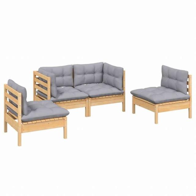 vidaXL ガーデンラウンジセット 4点 グレークッション付き 無垢のパインウッド家具 アウトドア家具 屋外家具セット(代引不可)【送料無料】_2