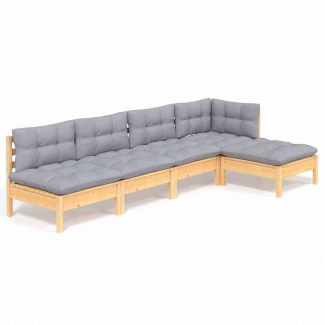 vidaXL ガーデンラウンジセット 5点 グレークッション付き パインウッド家具 アウトドア家具 屋外家具セット(代引不可)【送料無料】_1