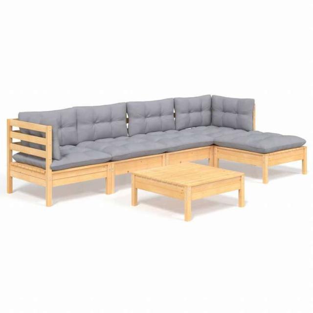 vidaXL ガーデンラウンジセット 6点 グレークッション付き パインウッド家具 アウトドア家具 屋外家具セット(代引不可)【送料無料】_1