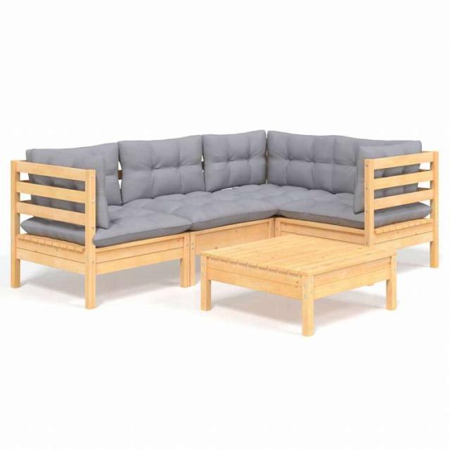 vidaXL ガーデンラウンジセット 5点 グレークッション付き パインウッド家具 アウトドア家具 屋外家具セット(代引不可)【送料無料】_1