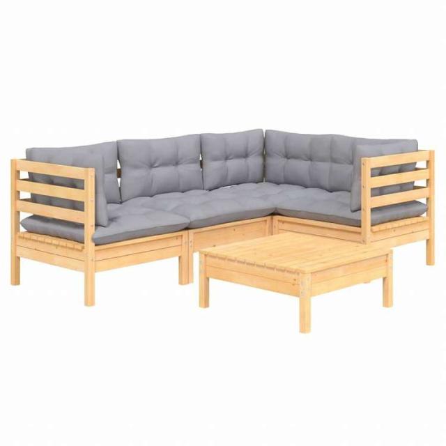 vidaXL ガーデンラウンジセット 5点 グレークッション付き パインウッド家具 アウトドア家具 屋外家具セット(代引不可)【送料無料】_2