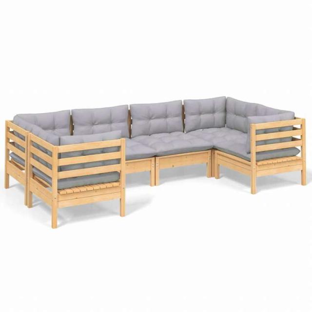 vidaXL ガーデンラウンジセット 6点 グレークッション付き パインウッド家具 アウトドア家具 屋外家具セット(代引不可)【送料無料】_1