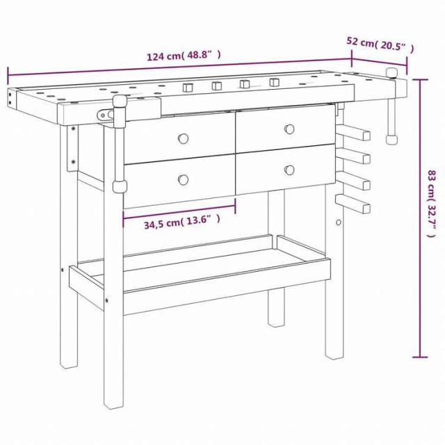 vidaXL 作業台 引き出し&バイス付き 124x52x83 cm アカシア無垢材ハードウェア ハードウェアアクセサリ 工具収納・整理整頓 ワークベンチ(代引不可)【送料無料】_9