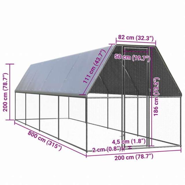 vidaXL 露天鶏掘っ建て小屋 2x8x2m ジンクメッキ鋼製毛の荒物&amp;愛玩動物装具 愛玩動物装具 小毛の荒物装具 小毛の荒物 繁殖・臥せ篭(代引不可)【貨物輸送無料】