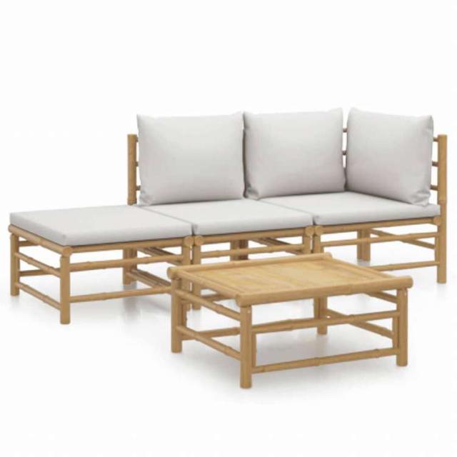 vidaXL ガーデンラウンジ4点セット ライトグレークッション付き 竹製家具 アウトドア家具 屋外家具セット(代引不可)【送料無料】_1