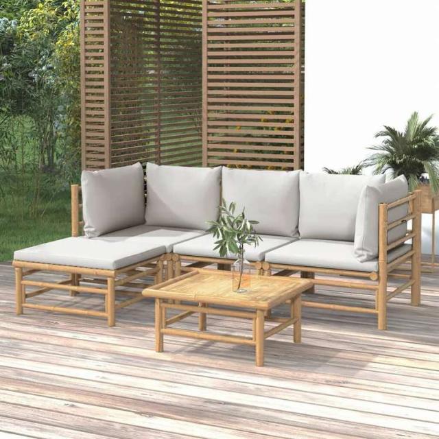 vidaXL ガーデンラウンジ5点セット ライトグレークッション付き 竹製家具 アウトドア家具 屋外家具セット(代引不可)【送料無料】