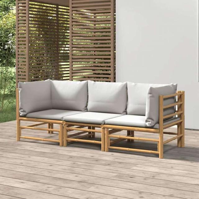 vidaXL ガーデンラウンジ3点セット ライトグレークッション付き 竹製家具 アウトドア家具 屋外家具セット(代引不可)【送料無料】