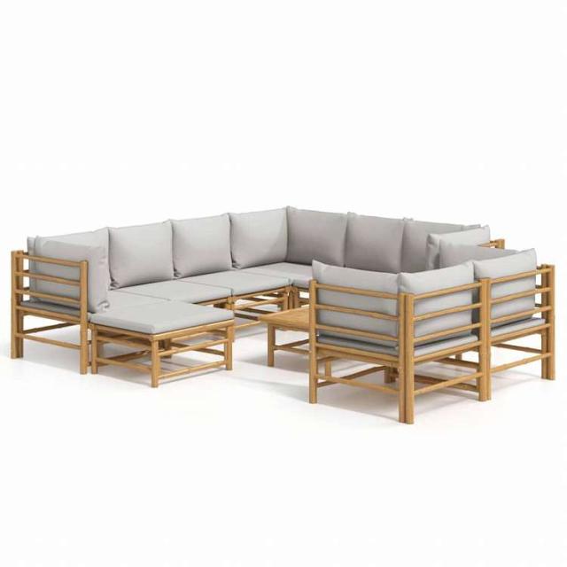 vidaXL ガーデンラウンジ10点セット ライトグレークッション付き 竹製家具 アウトドア家具 屋外家具セット(代引不可)【送料無料】_1