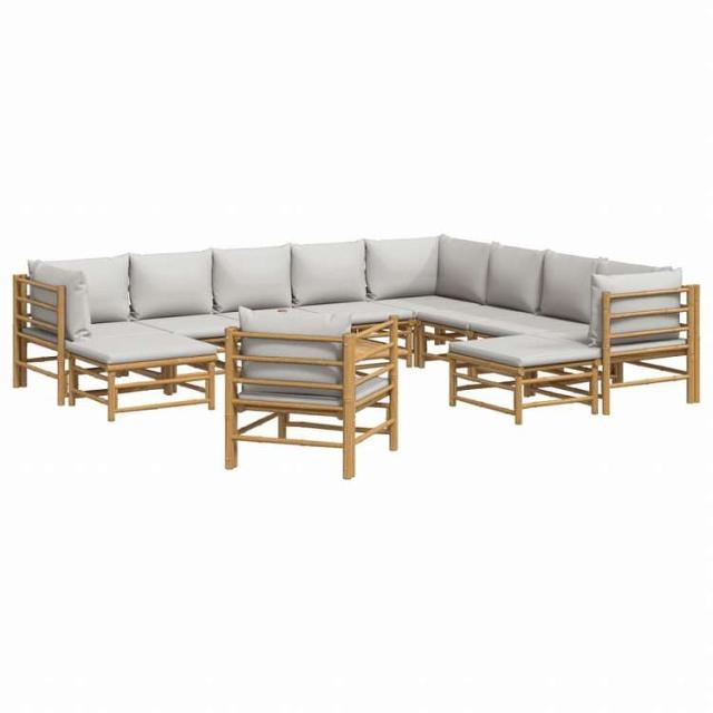 vidaXL ガーデンラウンジ12点セット ライトグレークッション付き 竹製家具 アウトドア家具 屋外家具セット(代引不可)【送料無料】_2
