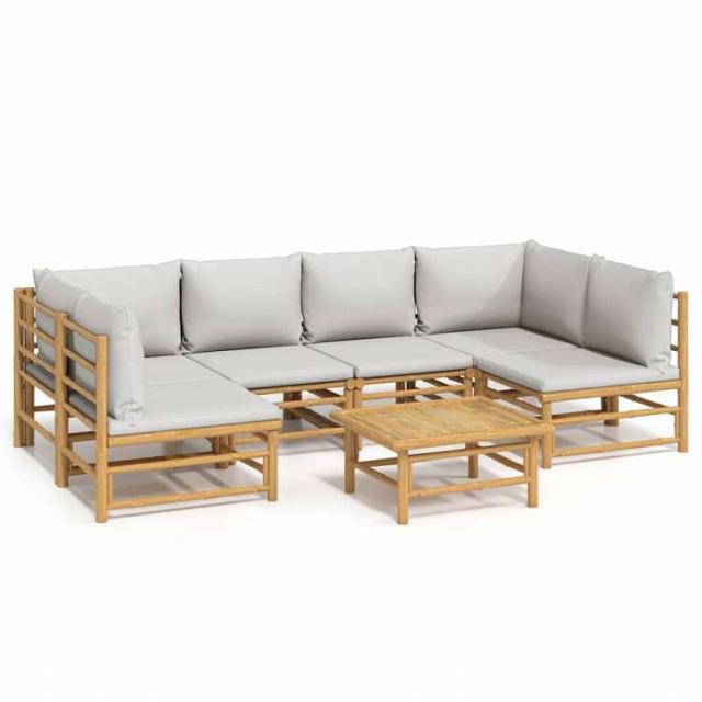 vidaXL ガーデンラウンジ7点セット ライトグレークッション付き 竹製家具 アウトドア家具 屋外家具セット(代引不可)【送料無料】_1