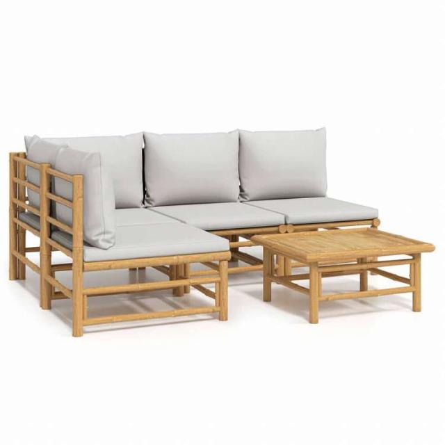 vidaXL ガーデンラウンジ5点セット ライトグレークッション付き 竹製家具 アウトドア家具 屋外家具セット(代引不可)【送料無料】_1