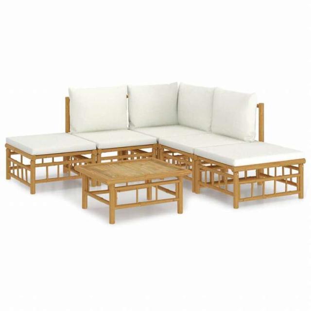 vidaXL ガーデンラウンジ6点セット クリームホワイトクッション付き 竹製家具 アウトドア家具 屋外家具セット(代引不可)【送料無料】_1