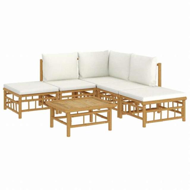 vidaXL ガーデンラウンジ6点セット クリームホワイトクッション付き 竹製家具 アウトドア家具 屋外家具セット(代引不可)【送料無料】_2