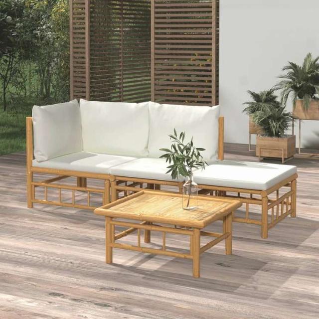 vidaXL ガーデンラウンジ4点セット クリームホワイトクッション付き 竹製家具 アウトドア家具 屋外家具セット(代引不可)【送料無料】