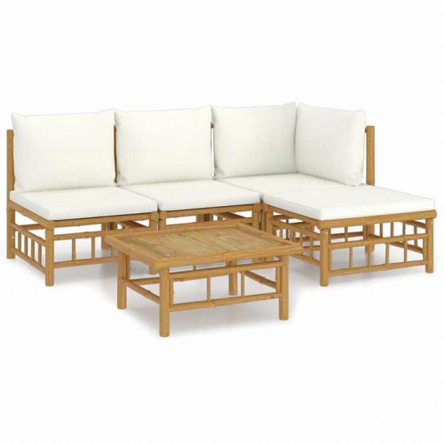 vidaXL ガーデンラウンジ5点セット クリームホワイトクッション付き 竹製家具 アウトドア家具 屋外家具セット(代引不可)【送料無料】_1