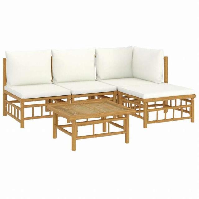 vidaXL ガーデンラウンジ5点セット クリームホワイトクッション付き 竹製家具 アウトドア家具 屋外家具セット(代引不可)【送料無料】_2