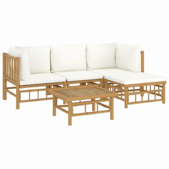 vidaXL ガーデンラウンジ5点セット クリームホワイトクッション付き 竹製家具 アウトドア家具 屋外家具セット(代引不可)【送料無料】_2