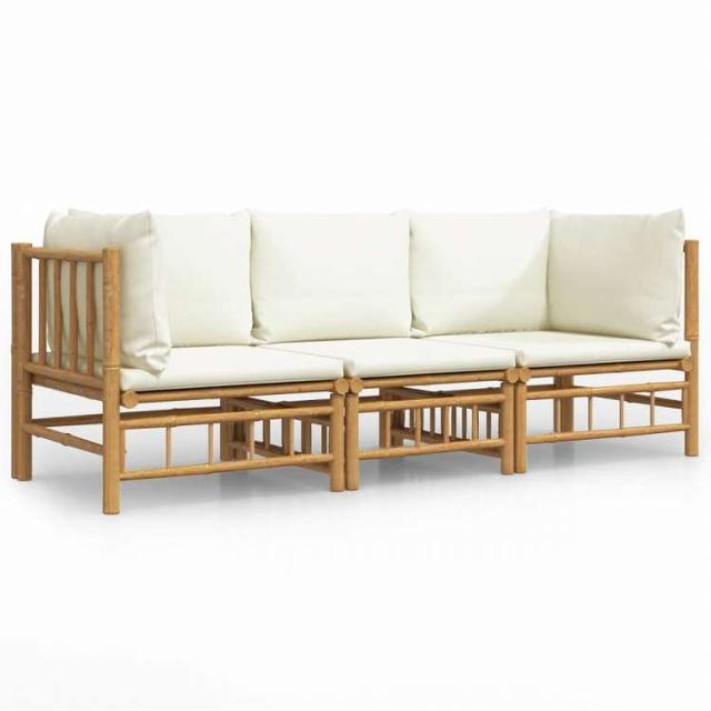 vidaXL ガーデンラウンジ3点セット クリームホワイトクッション付き 竹製家具 アウトドア家具 屋外家具セット(代引不可)【送料無料】_1