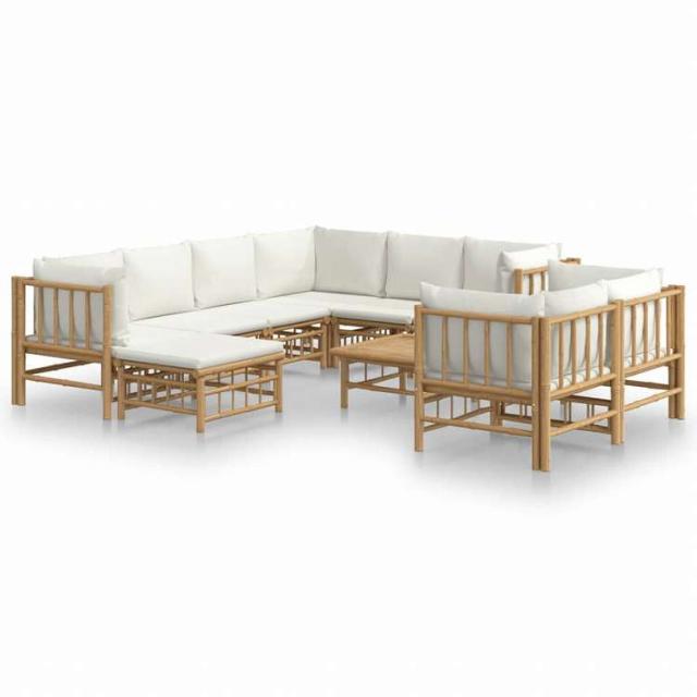 vidaXL ガーデンラウンジ10点セット クリームホワイトクッション付き 竹製家具 アウトドア家具 屋外家具セット(代引不可)【送料無料】_1