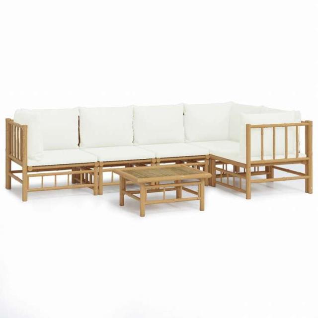 vidaXL ガーデンラウンジ6点セット クリームホワイトクッション付き 竹製家具 アウトドア家具 屋外家具セット(代引不可)【送料無料】_1