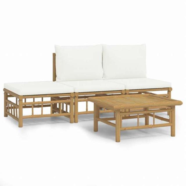 vidaXL ガーデンラウンジ4点セット クリームホワイトクッション付き 竹製家具 アウトドア家具 屋外家具セット(代引不可)【送料無料】_1