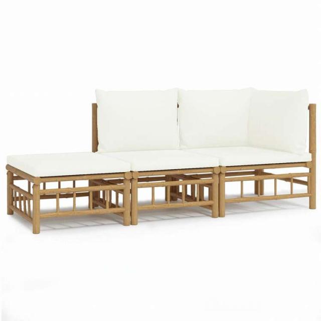 vidaXL ガーデンラウンジ3点セット クリームホワイトクッション付き 竹製家具 アウトドア家具 屋外家具セット(代引不可)【送料無料】_1