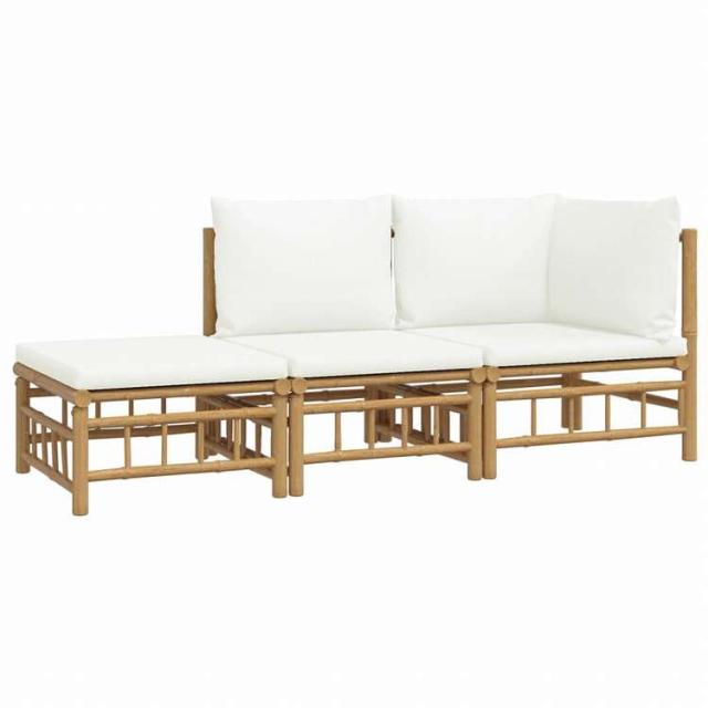 vidaXL ガーデンラウンジ3点セット クリームホワイトクッション付き 竹製家具 アウトドア家具 屋外家具セット(代引不可)【送料無料】_2
